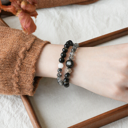 Silver Sheen Obsidian & Phantom Quartz Bracelet – 10.5mm Beads