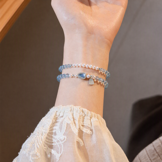 Natural Aquamarine & Freshwater Pearl Bracelet – 925 Sterling Silver Lucky Gourd Charm