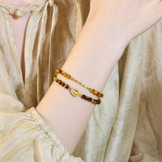 Tiger’s Eye & Black Obsidian Multi-Layer Bracelet with Gourd Charm