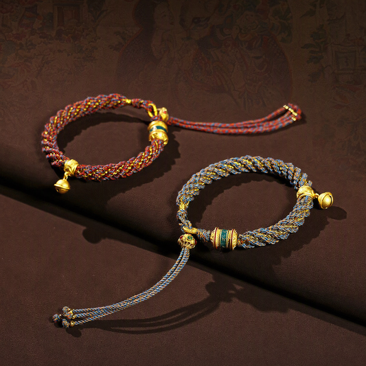 Tibetan-Inspired Woven Mantra Bracelet with Bell & Six-Syllable Mantra Wheel