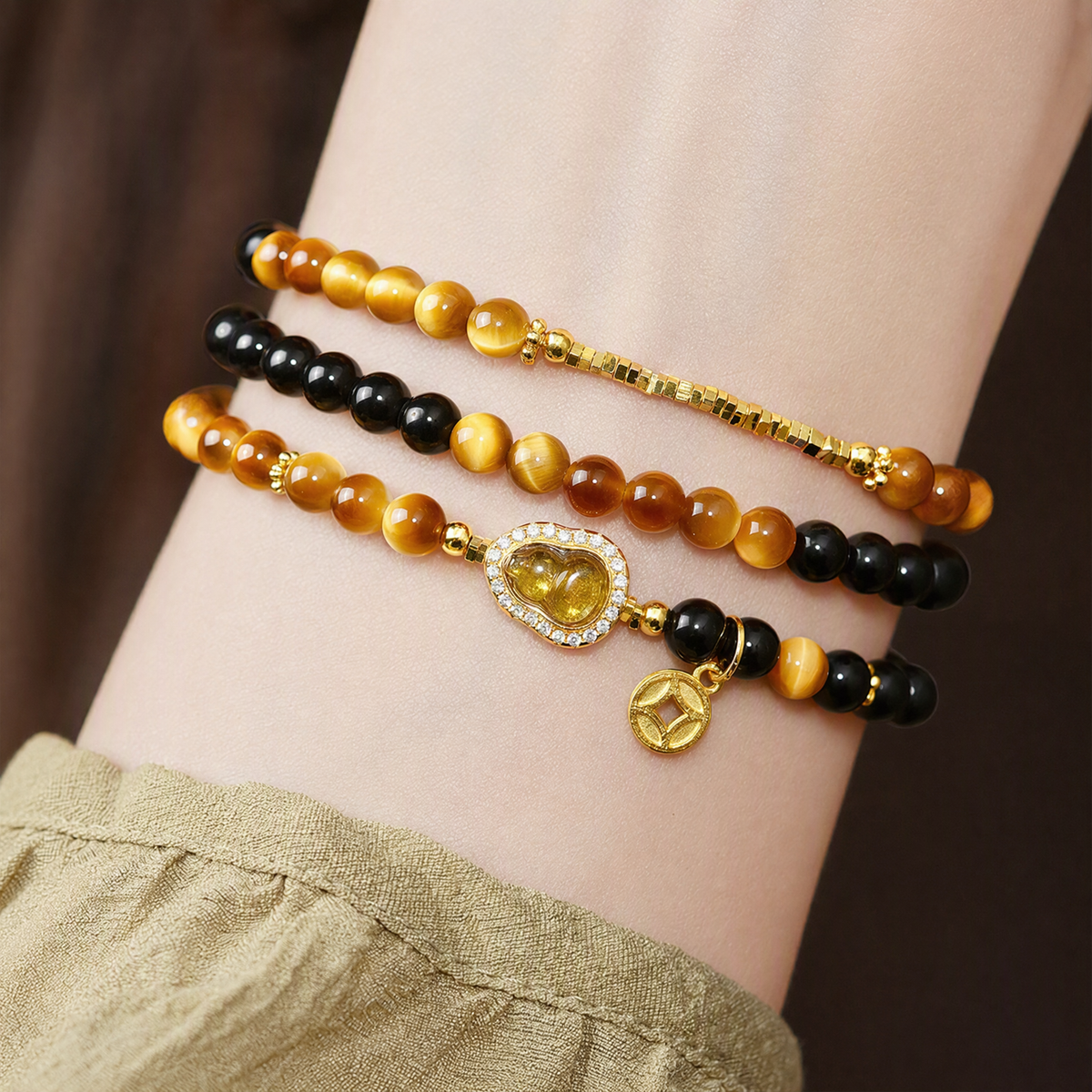 Tiger’s Eye & Black Obsidian Multi-Layer Bracelet with Gourd Charm