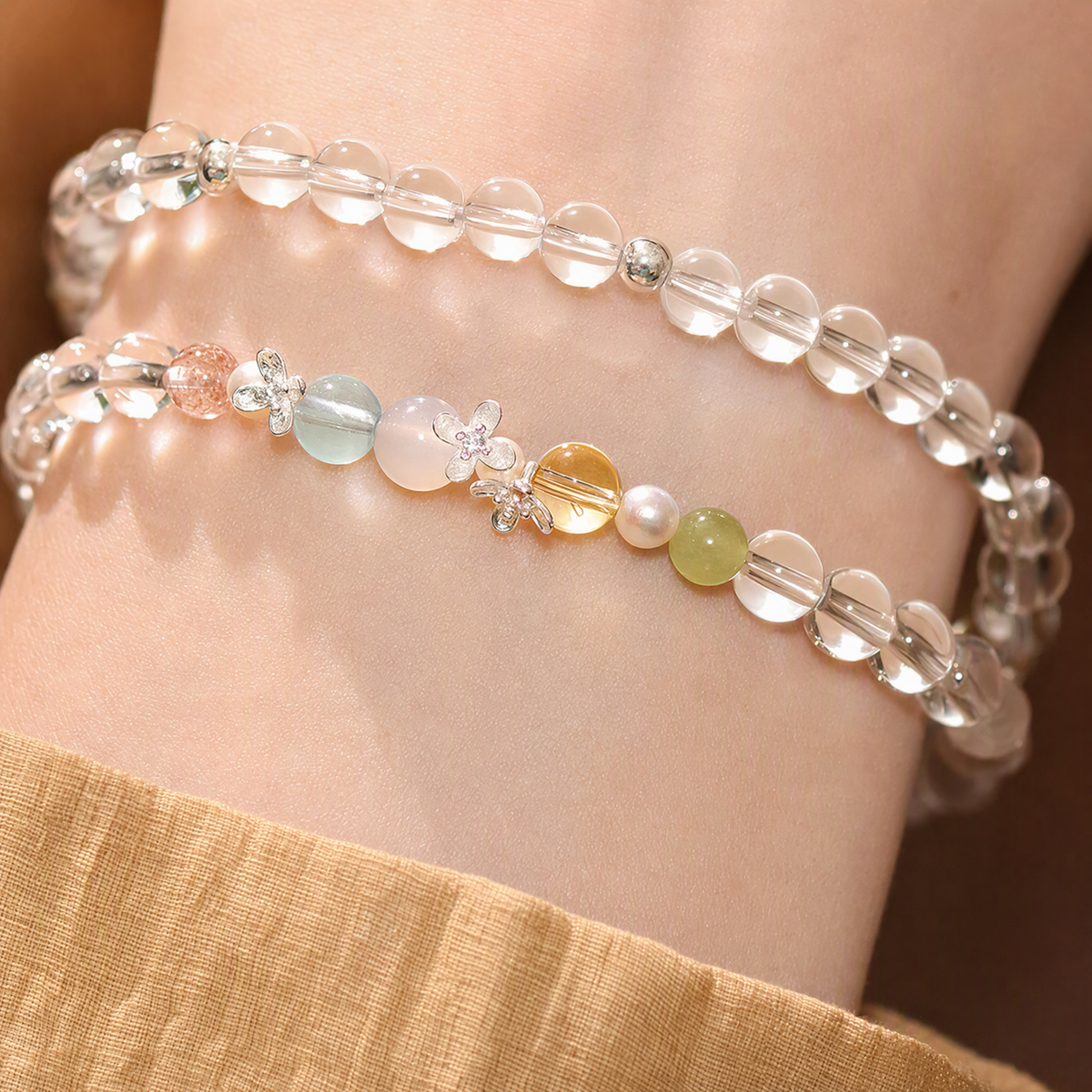 Natural Clear Quartz Rainbow Multigemstone Bracelet with Pearl & 925 Sterling Silver
