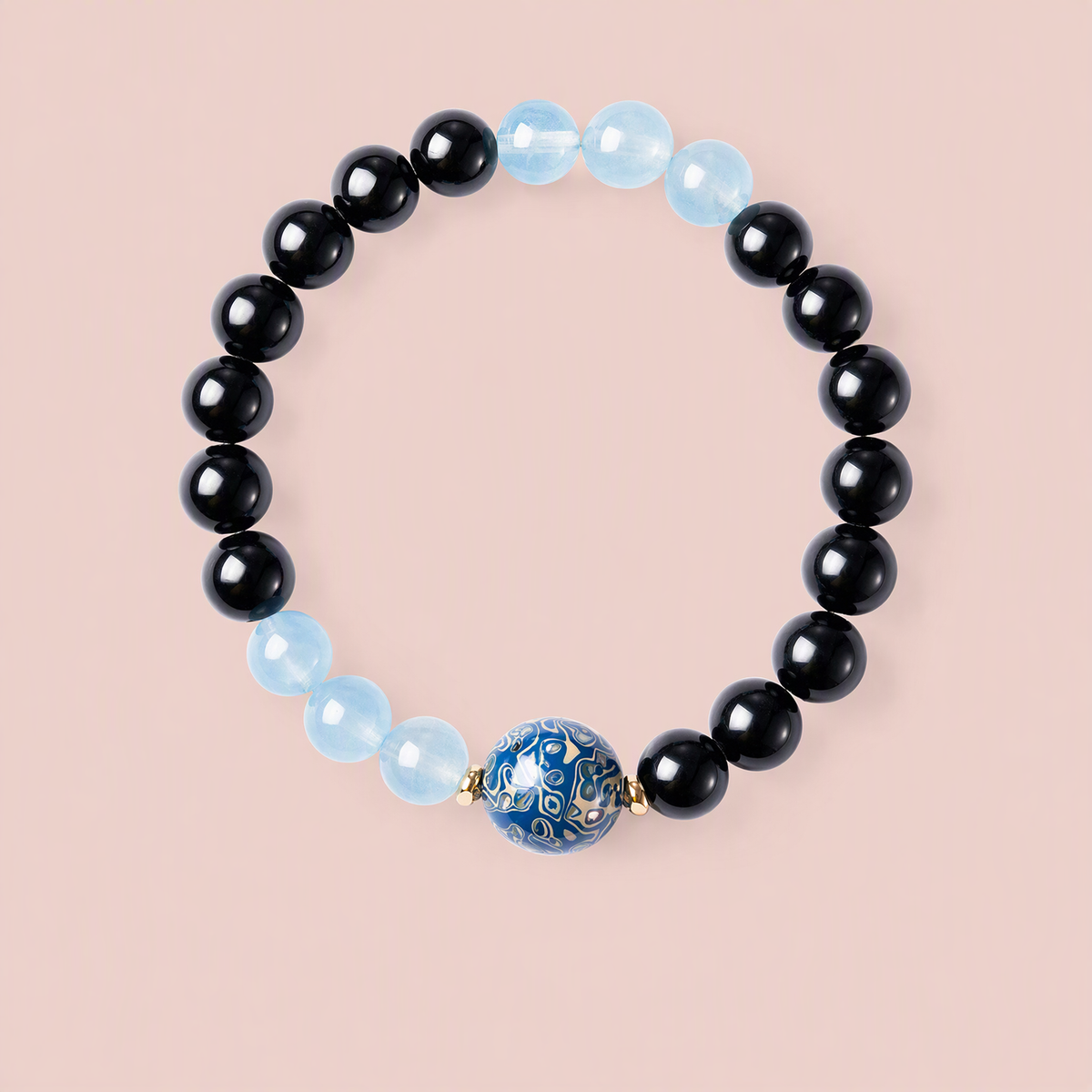 Black Obsidian & Aquamarine Bracelet with Handcrafted Lacquer Beads – 8mm