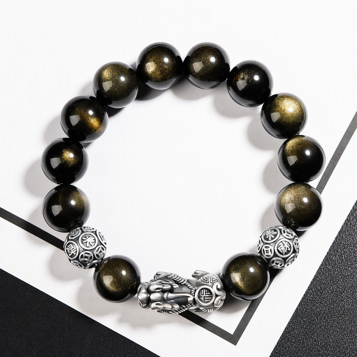 S925 Silver Pixiu & Black Obsidian Bracelet – Vintage 3D Design