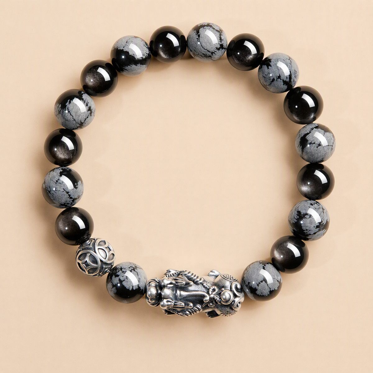 S999 Silver Pixiu & Black Obsidian Bracelet – Vintage Unisex Design