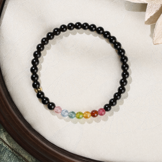 Black Obsidian & Tourmaline Bracelet – 4mm Beaded Jewelry