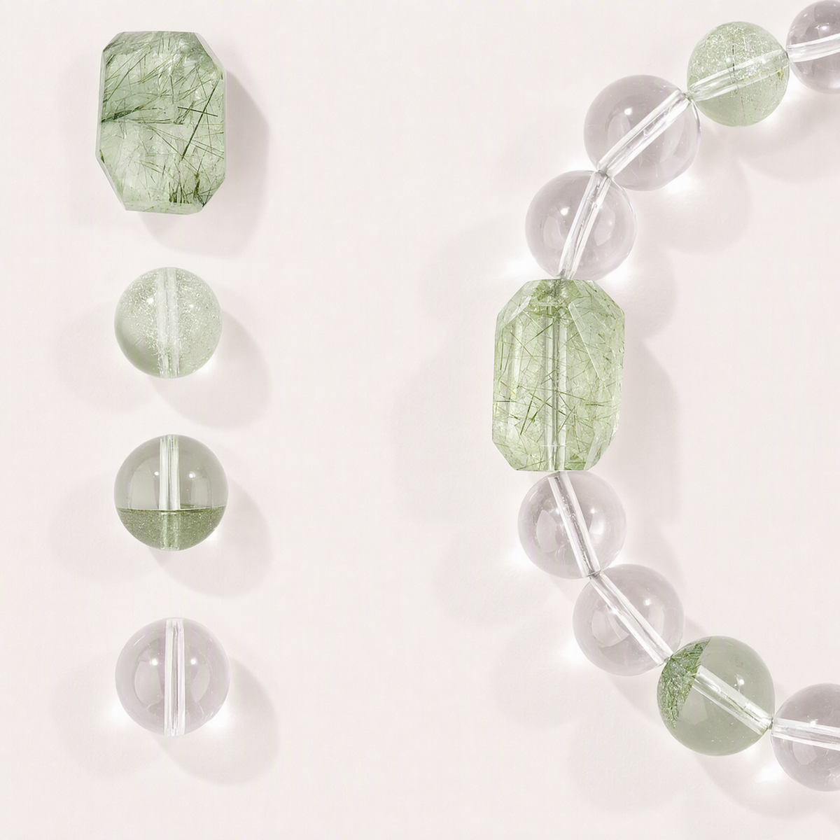 Natural Clear Quartz & Green Rutilated Quartz Bracelet with Green Phantom Crystals