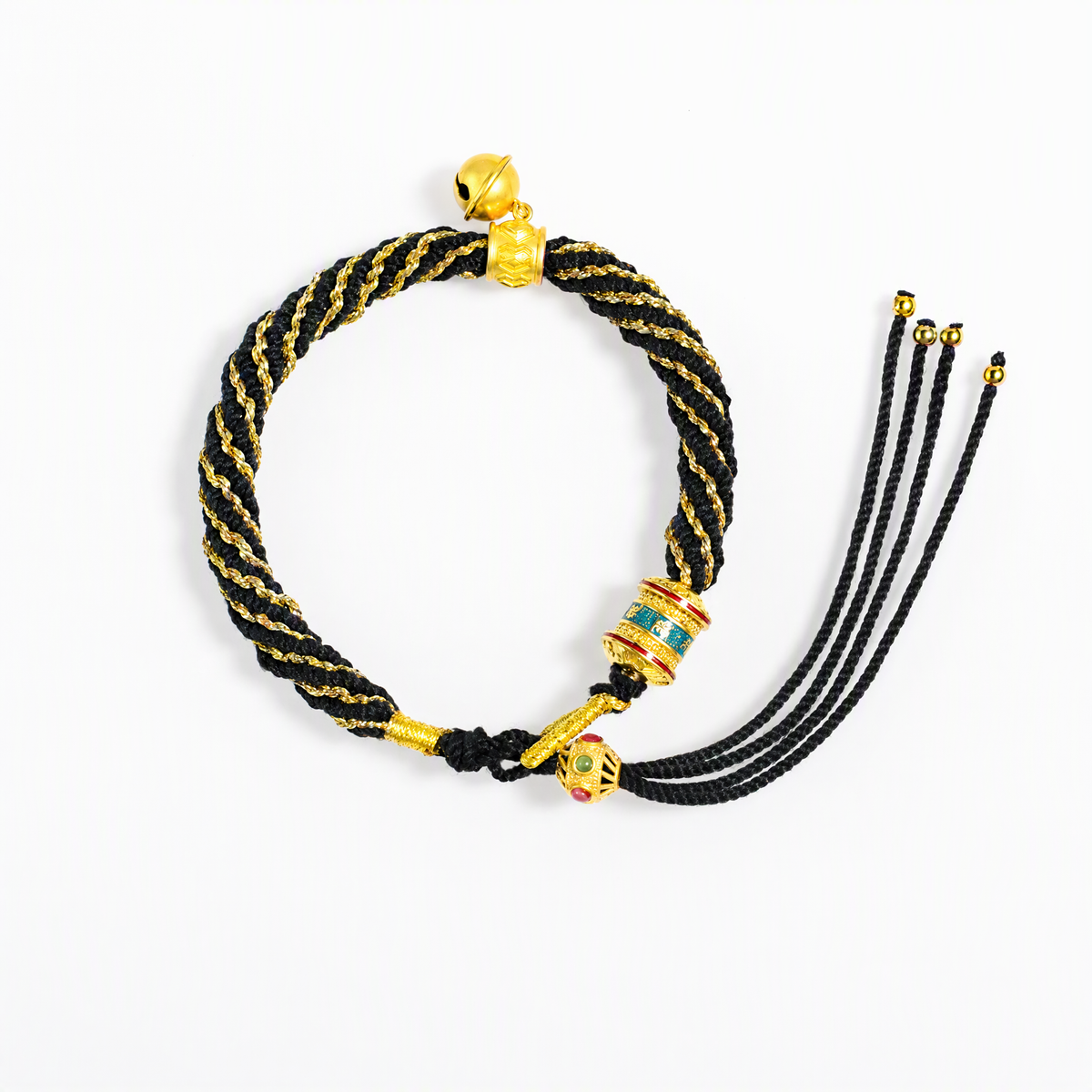 Tibetan-Inspired Woven Mantra Bracelet with Bell & Six-Syllable Mantra Wheel