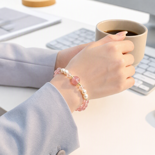 Pearl & Strawberry Quartz Bracelet – Natural Crystal Jewelry Gift for Her