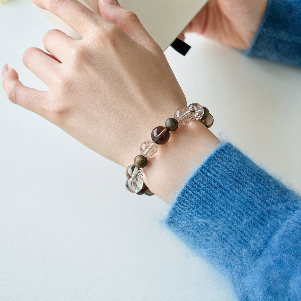 Black Gold Super Seven & Smoky Quartz Bracelet with Agarwood – Natural Gemstone Jewelry