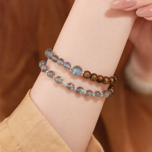 Gray Moonstone & Agarwood Beaded Bracelet with S925 Sterling Silver Charm