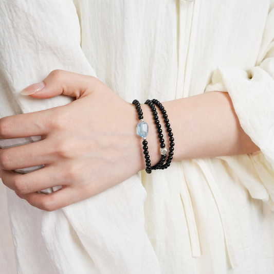 Black Obsidian, Aquamarine & Blue Tiger’s Eye Double-Wrap Bracelet – 4mm