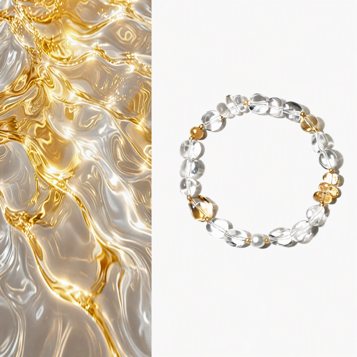 Natural Citrine & White Crystal Bracelet for Abundance & Wealth, Clear Quartz Beaded Bracelet with S925 Gold-Plated Silver
