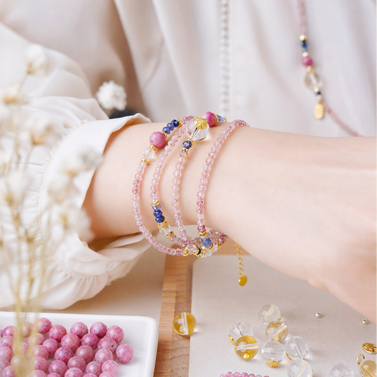 Natural Strawberry Quartz Layered Crystal Bracelet with Chinese-Inspired Coin Charm