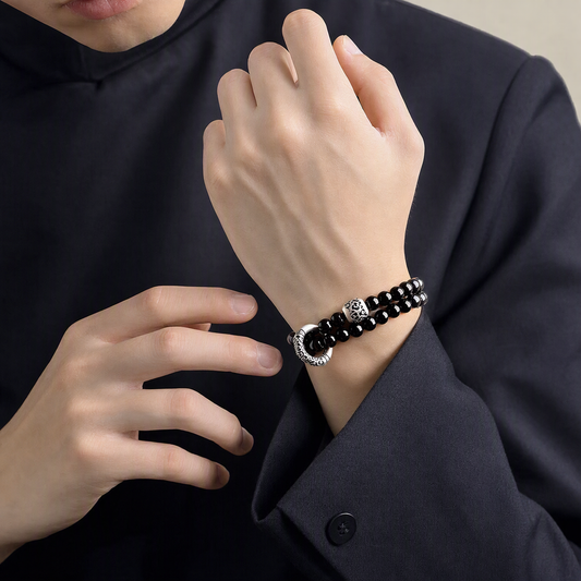 Double-Layer Black Obsidian Bracelet with Silver Charm – Cloud or Pixiu
