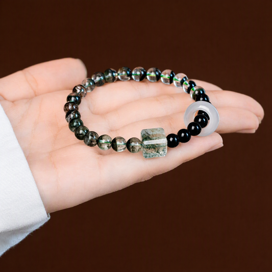 Product Title Green Phantom Quartz & Black Obsidian Bracelet – Natural Gemstone Jewelry