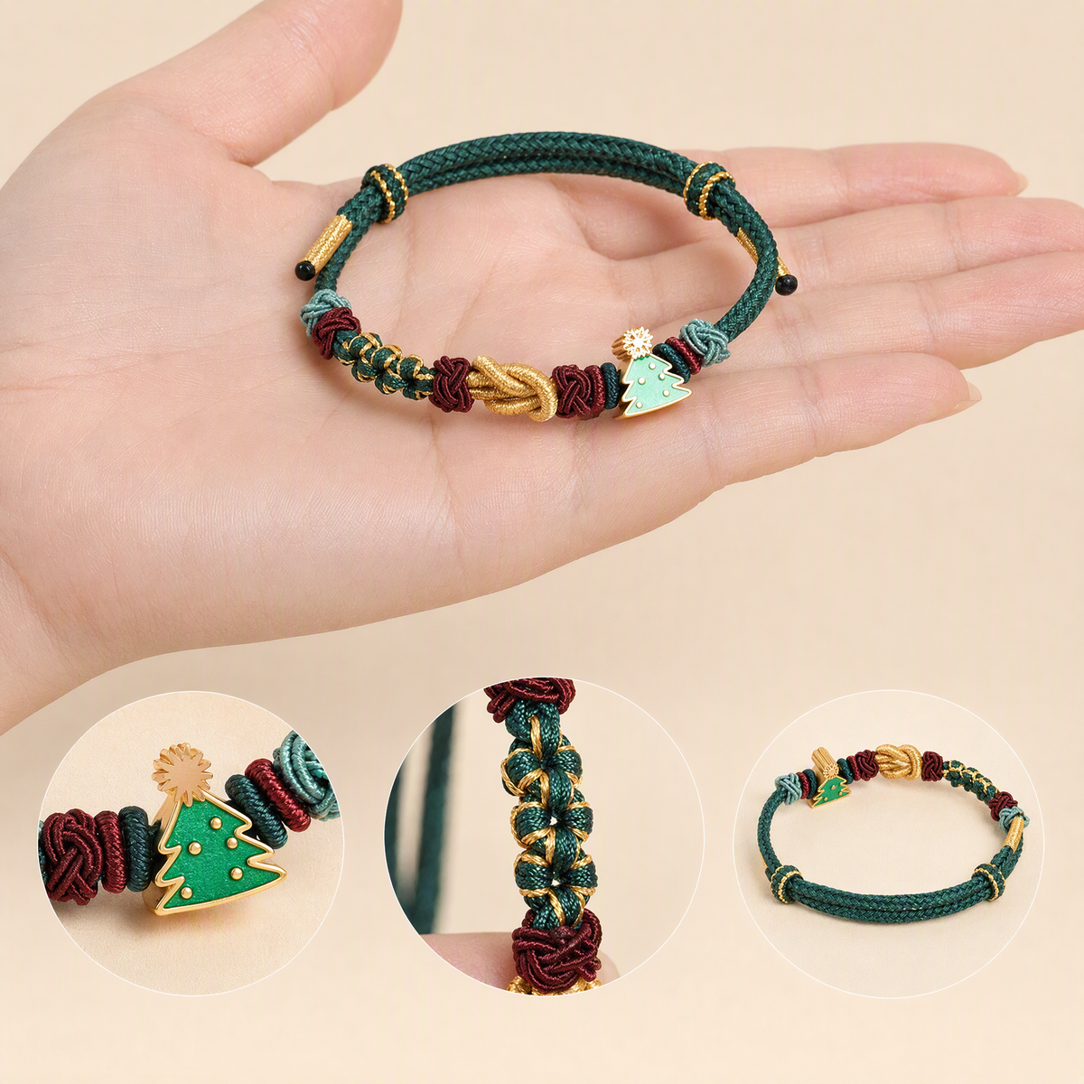 DIY Christmas Woven Bracelet with Green Tree Bead Charm – Adjustable Christmas Gift