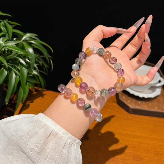 Amethyst, Black Gold Super Seven & Green Phantom Quartz Bracelet