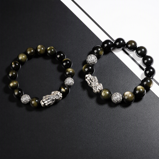 S925 Silver Pixiu & Black Obsidian Bracelet – Vintage 3D Design