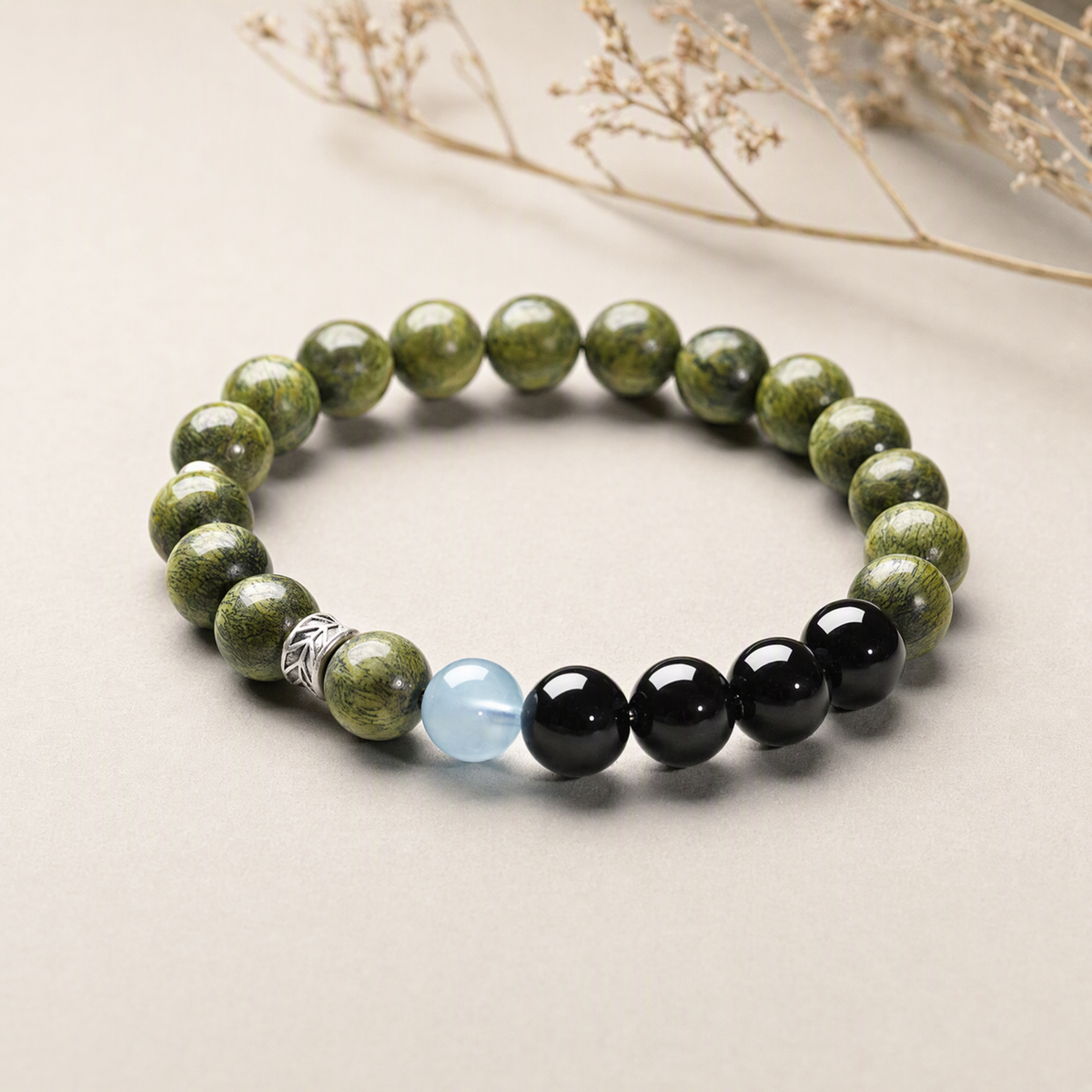 Green Sandalwood & Obsidian Bracelet with Aquamarine – Unisex Gift