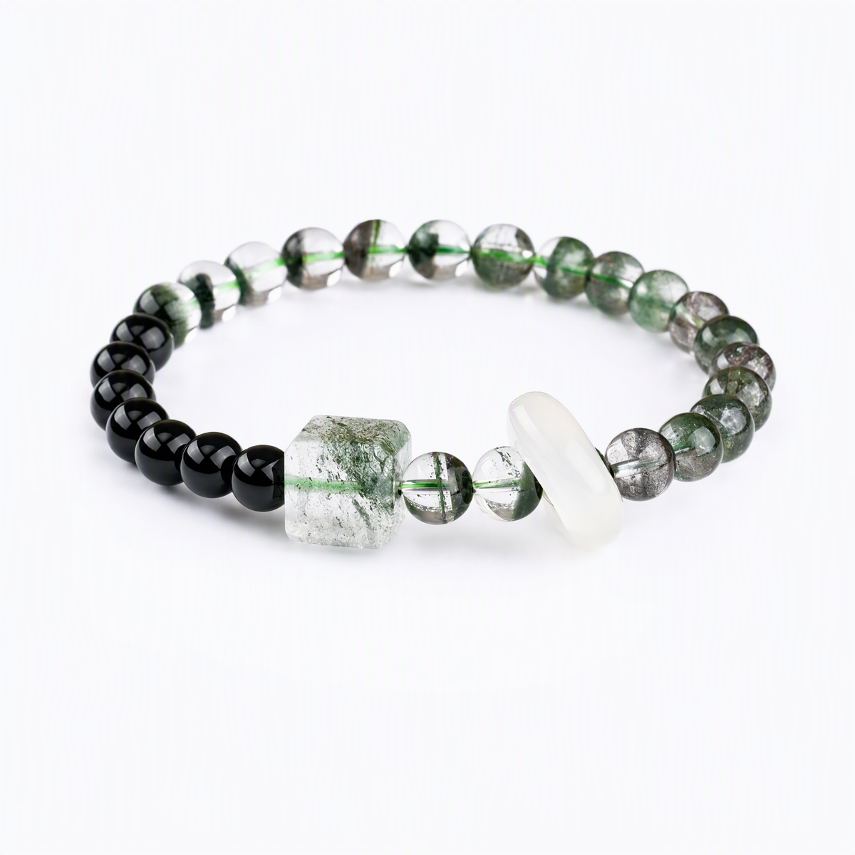 Product Title Green Phantom Quartz & Black Obsidian Bracelet – Natural Gemstone Jewelry