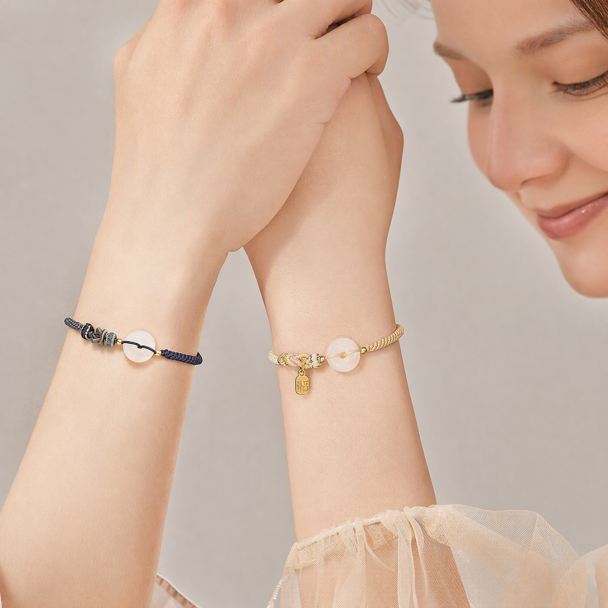 White Agate Peace Knot Couple Bracelets – Adjustable Woven String Bracelets with Lucky Fu Charm