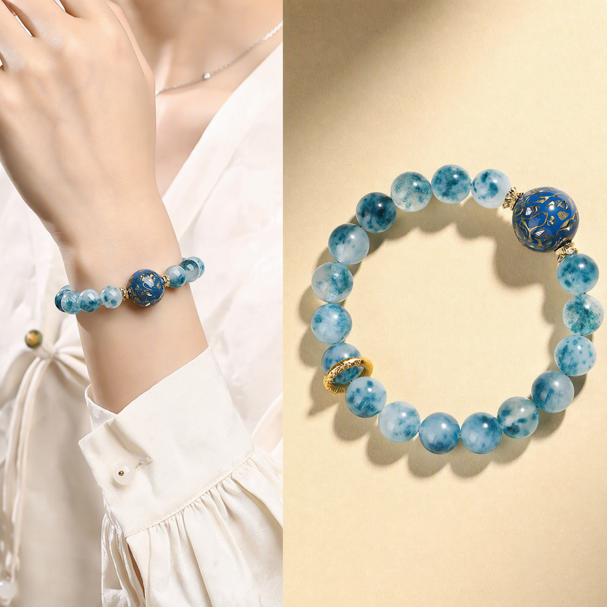 Blue Chalcedony & Artisan Lacquer Bead Bracelet – Handmade Gift