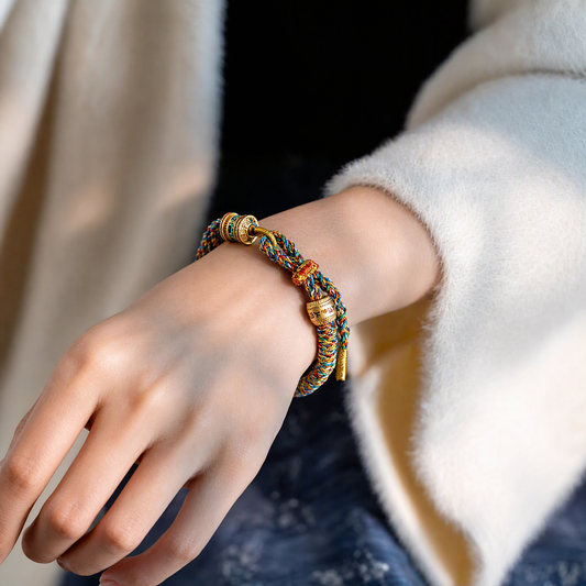 Handwoven Tibetan-Inspired Five-Color Bracelet with Six-Syllable Mantra