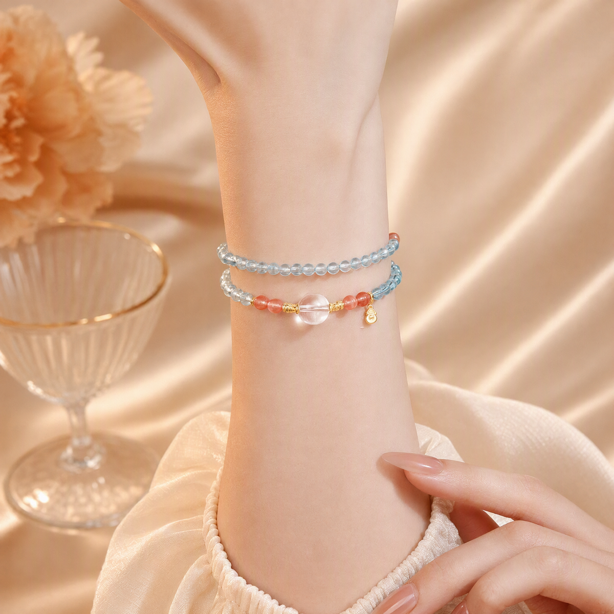Aquamarine, Clear Quartz & South Red Agate Bracelet – Chinese-Inspired Design