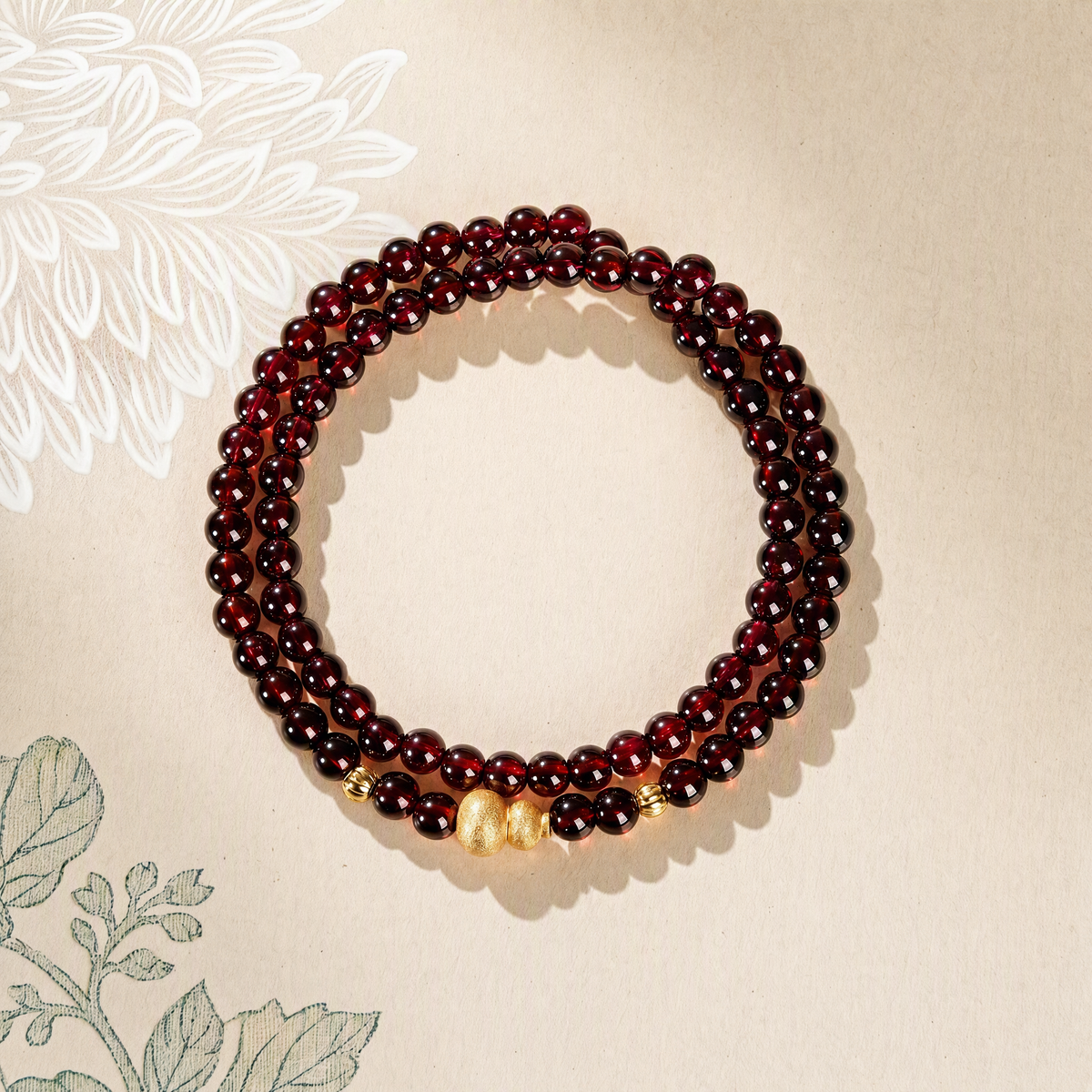 Natural Garnet Multi-Wrap Bracelet with Gold-Tone Gourd & Coin Charms