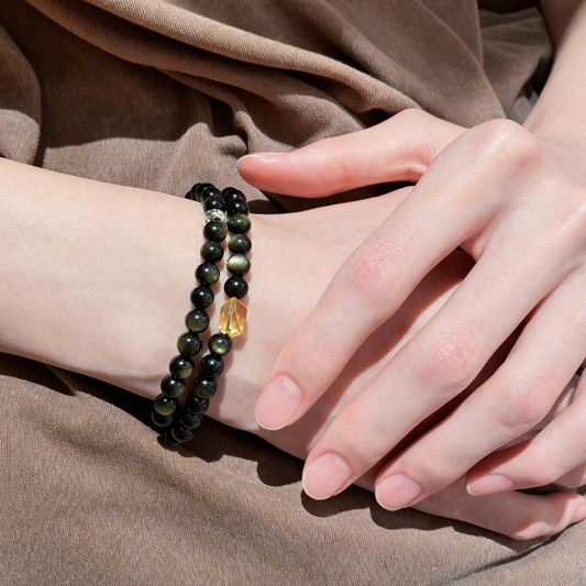 Gold Sheen Obsidian & Citrine Beaded Bracelet – Double or Triple Wrap