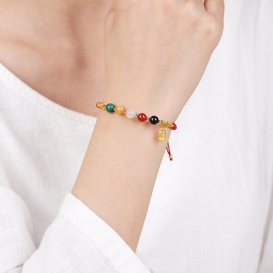Red String Bracelet with Natural Gemstones & Gold Fu Charm – Adjustable Good Luck Jewelry