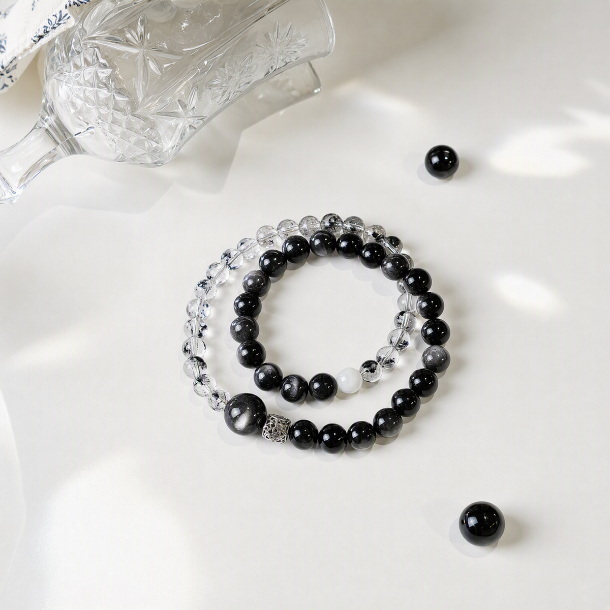 Silver Sheen Obsidian & Phantom Quartz Bracelet – 10.5mm Beads