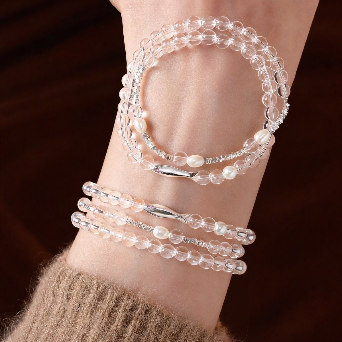 Natural Clear Quartz & Freshwater Pearl Bracelet with S925 Sterling Silver Fish Charm