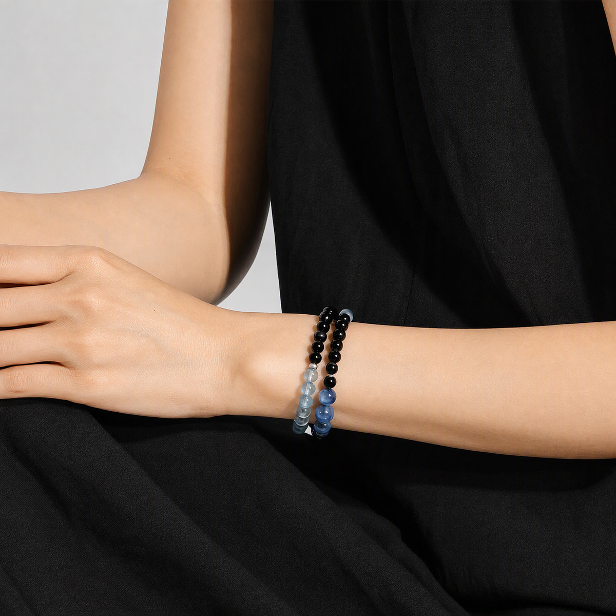 Aquamarine & Black Obsidian Double Wrap Bracelet with Blue Kyanite – Natural Crystal Gemstone Jewelry