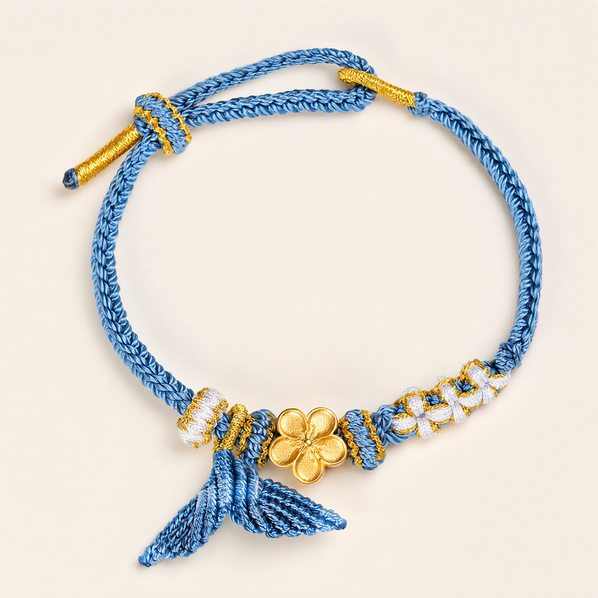 Handwoven Fish Tail Charm Bracelet with 14K Gold-Plated Peach Blossom Bead