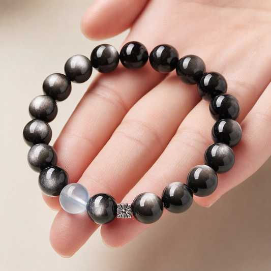 Silver Sheen Obsidian & Aquamarine Bracelet with S925 Sterling Silver Beads