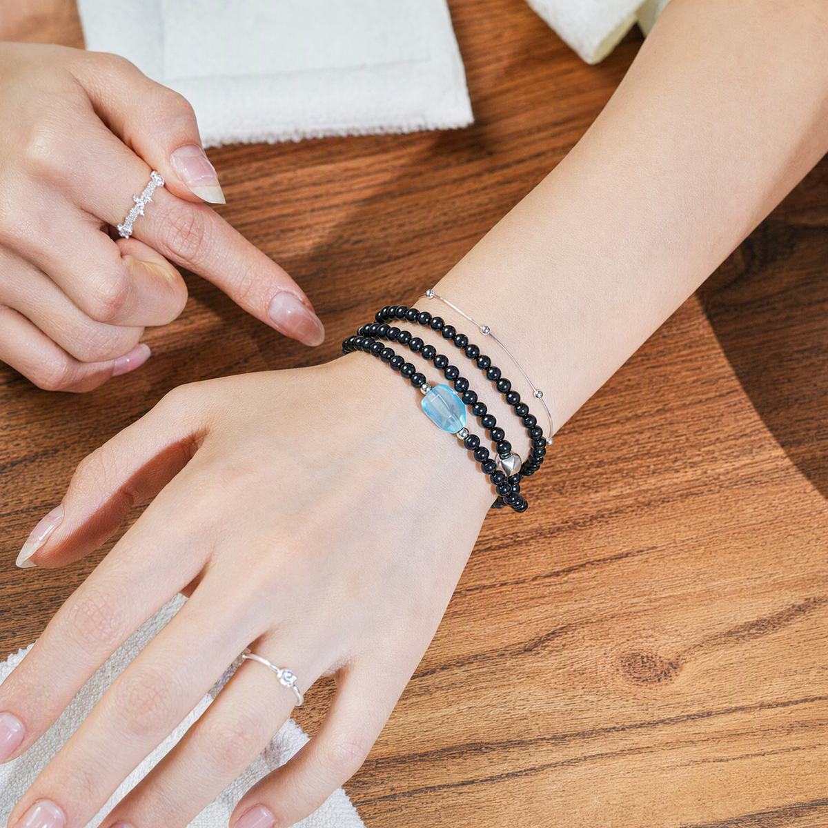 Black Obsidian, Aquamarine & Blue Tiger’s Eye Double-Wrap Bracelet – 4mm