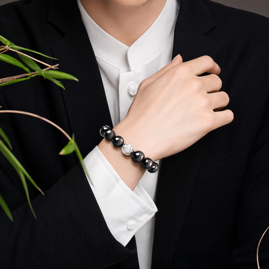 Silver Sheen Obsidian Six-Syllable Mantra Bracelet – Unisex