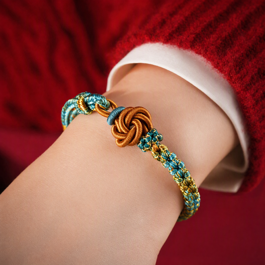 Boho DIY Woven Bracelet with Mandala & Peach Blossom Knot – Adjustable Beaded Bracelet