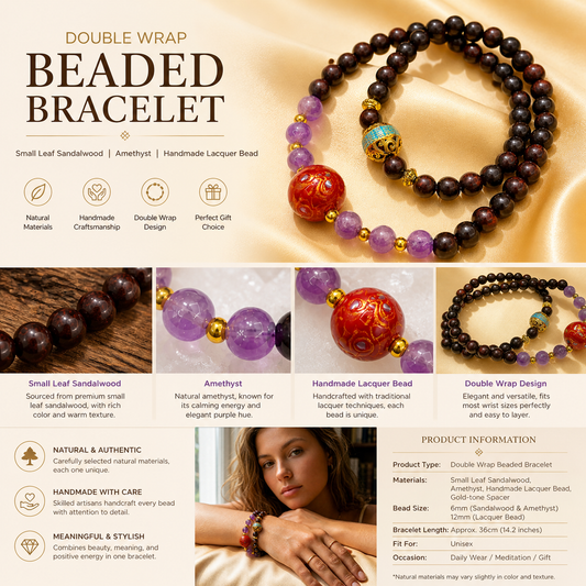 Handmade Double Wrap Beaded Bracelet | Vintage Yoga Healing for Women (Red Sandalwood, Amethyst)