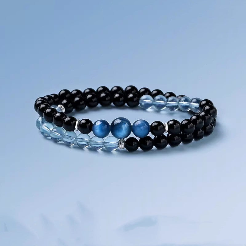 Aquamarine & Black Obsidian Double Wrap Bracelet with Blue Kyanite – Natural Crystal Gemstone Jewelry