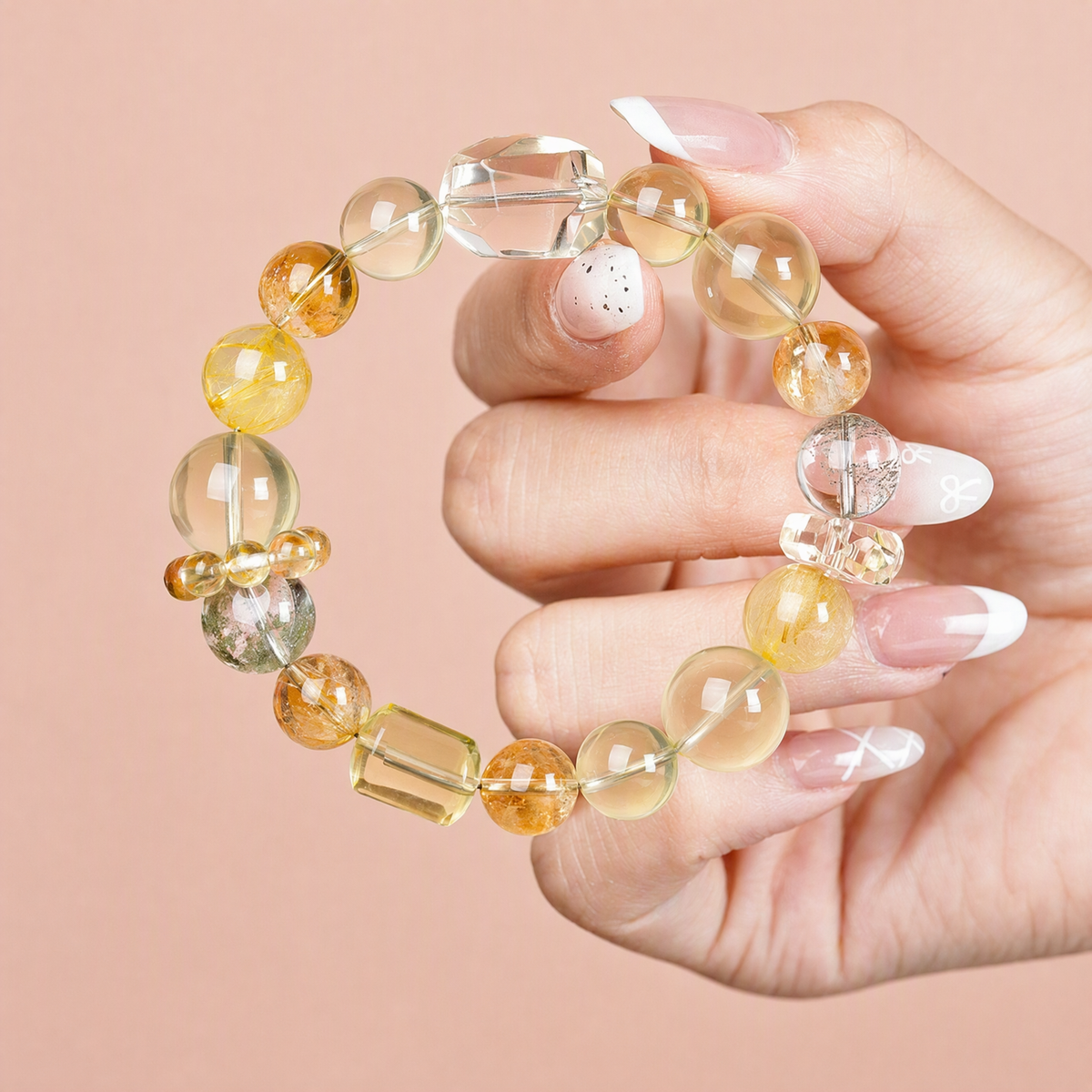 Natural Green Phantom Quartz & Citrine Bracelet with Golden Rutilated Quartz – Mixed Gemstone Jewelry