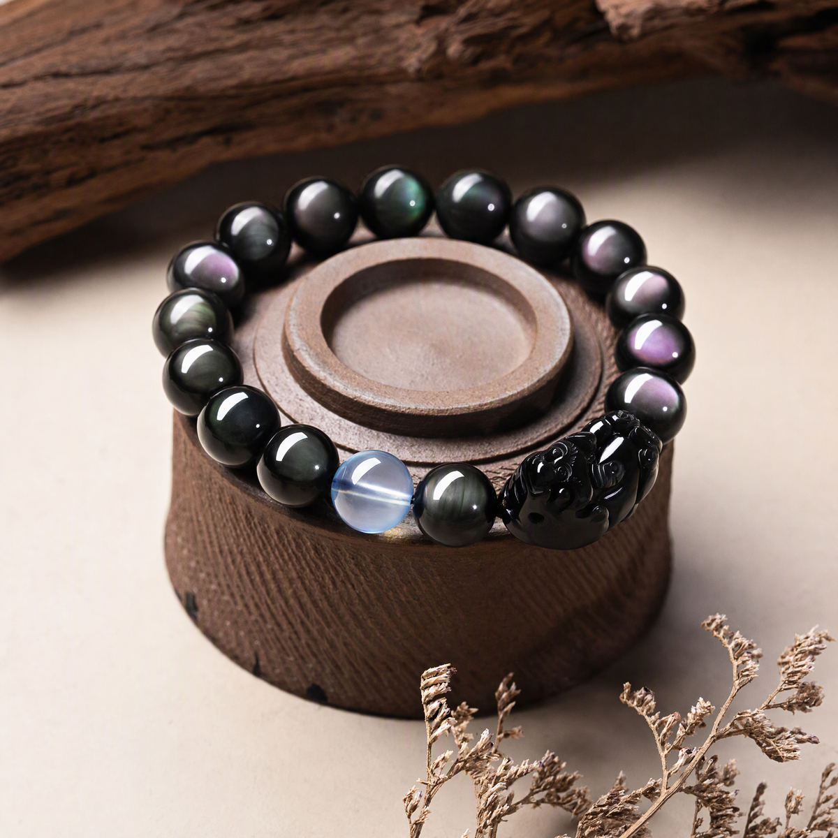 Rainbow Sheen Obsidian & Aquamarine Pixiu Bracelet – Unisex