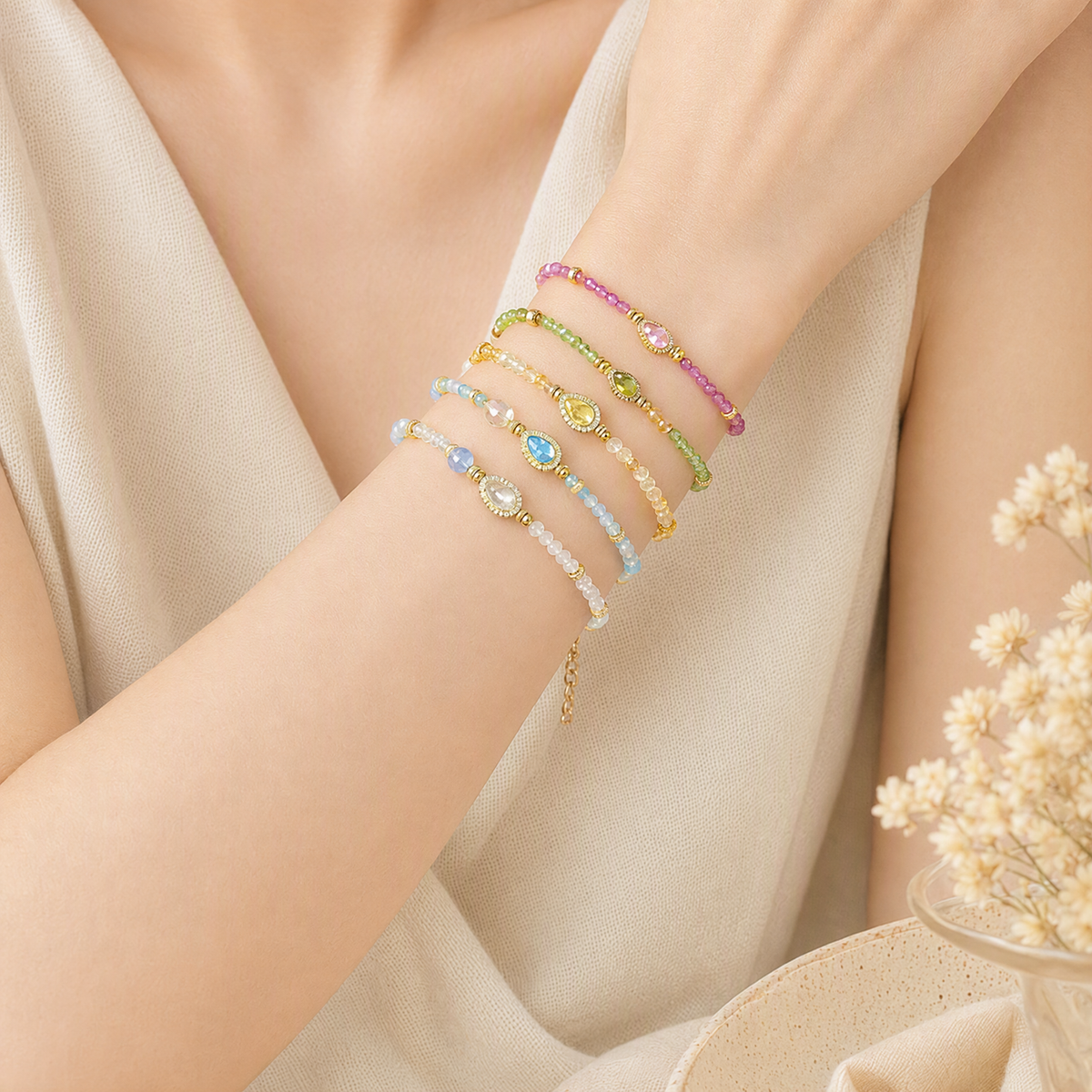 Faceted Gemstone Bracelet with Crystal-Embellished Gourd Charm – 5 Color Options