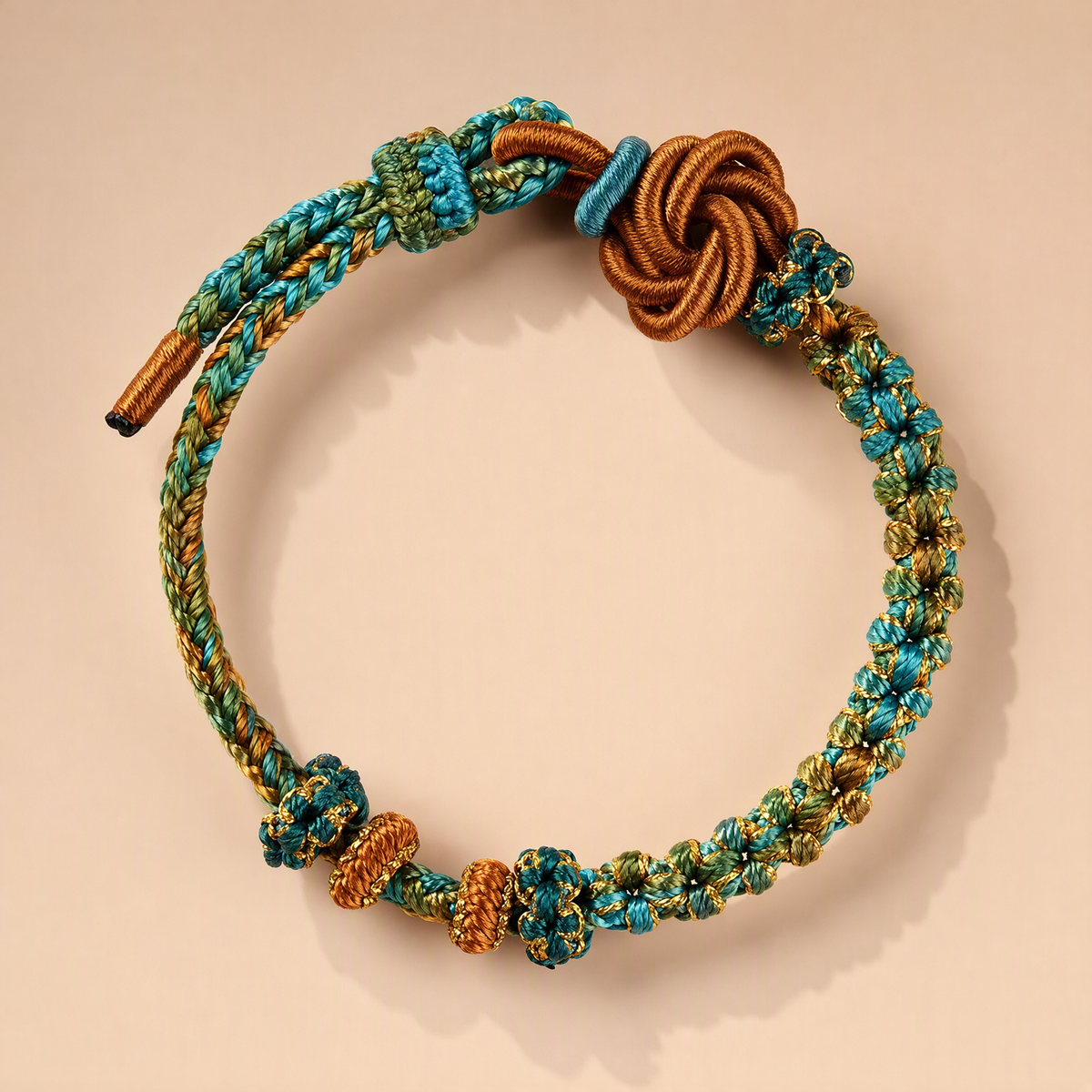 Boho DIY Woven Bracelet with Mandala & Peach Blossom Knot – Adjustable Beaded Bracelet