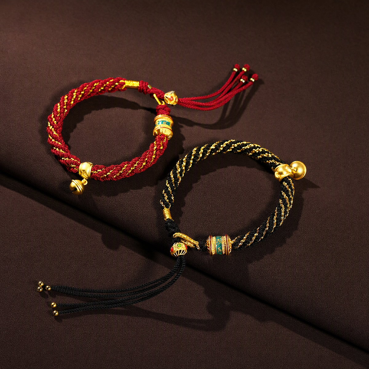 Tibetan-Inspired Woven Mantra Bracelet with Bell & Six-Syllable Mantra Wheel