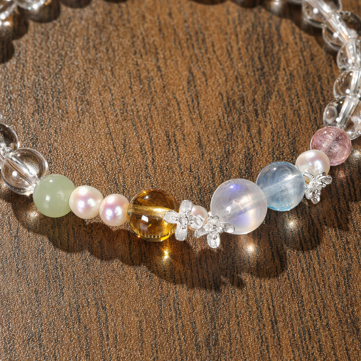 Natural Clear Quartz Rainbow Multigemstone Bracelet with Pearl & 925 Sterling Silver