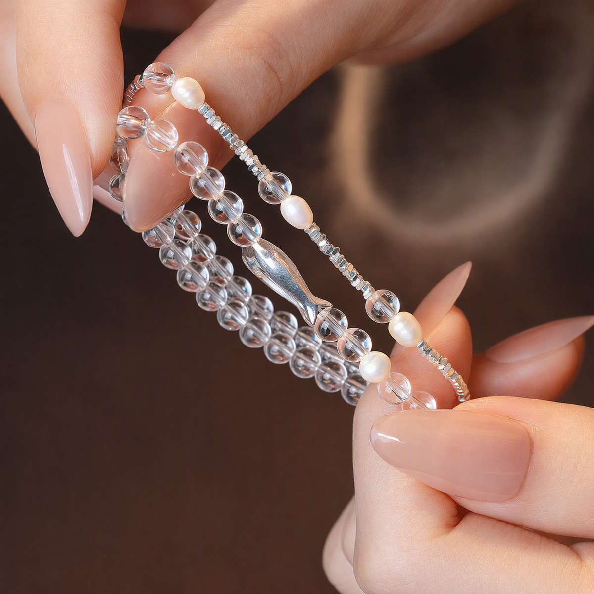 Natural Clear Quartz & Freshwater Pearl Bracelet with S925 Sterling Silver Fish Charm