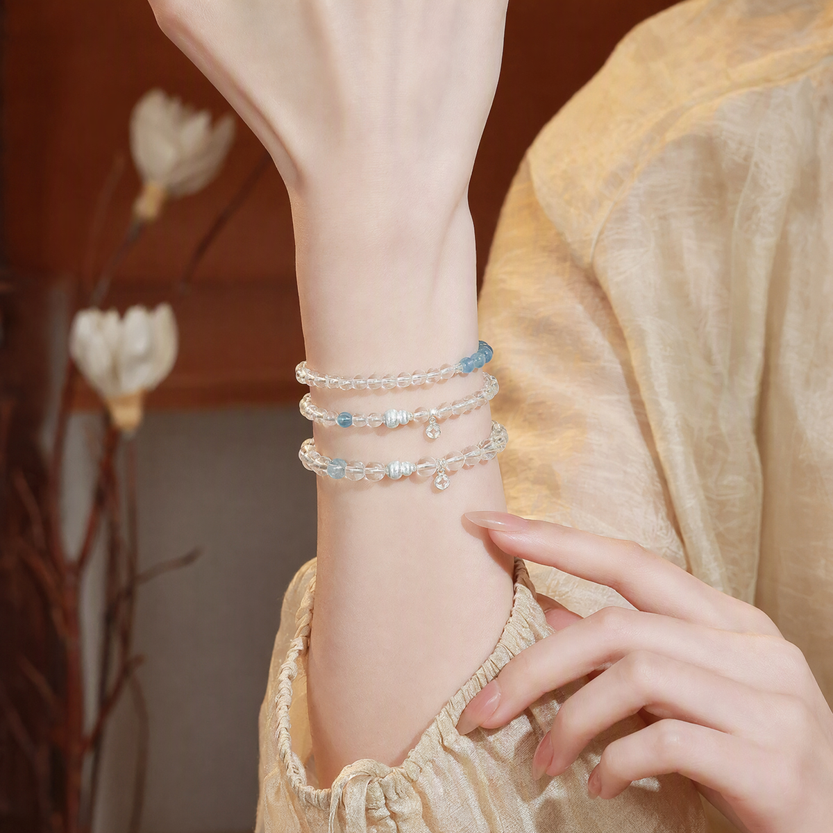 Natural Clear Quartz & Aquamarine Multi-Wrap Bracelet – Adjustable Crystal Jewelry